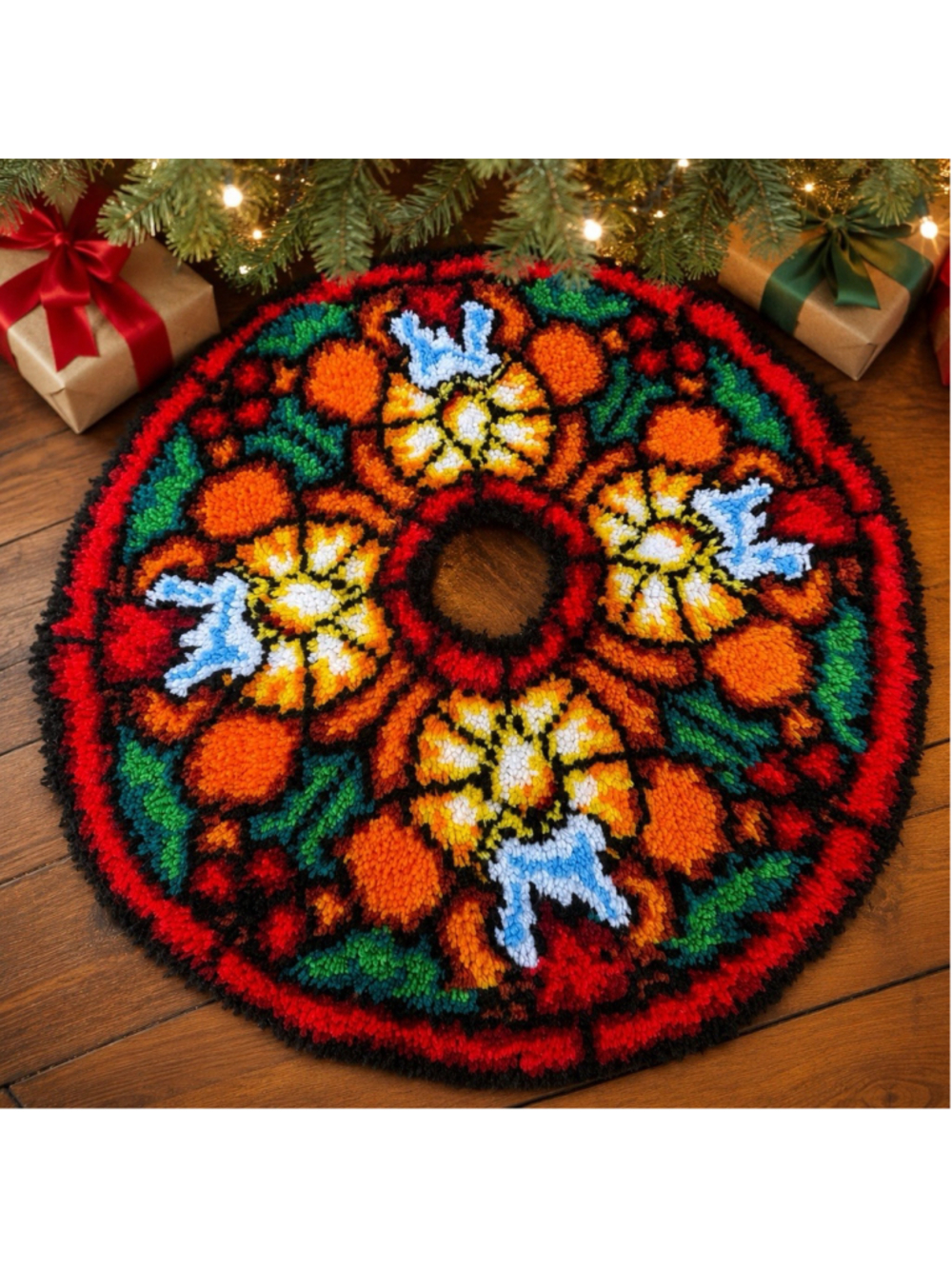 Vintage Hooked Rug Christmas Tree Skirt Stained Glass Candle Pull Over 32 Inch